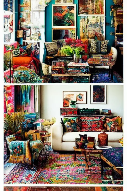 Prompt: Eclectic bohemian Some designers describe the eclectic style as a more “grown-up” version of bohemian. Both styles are “collections” of furniture and accessories of various designs and time periods. But eclectic style is more cohesive, more balanced, and more intentional. Methodically Mismatched vs. Thrown Together.