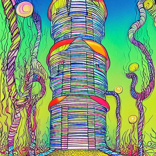 Image similar to a colorful drawing of a house with curved pillars and many floors, a storybook illustration by dr seuss, tumblr, psychedelic art, concept art, storybook illustration, whimsical