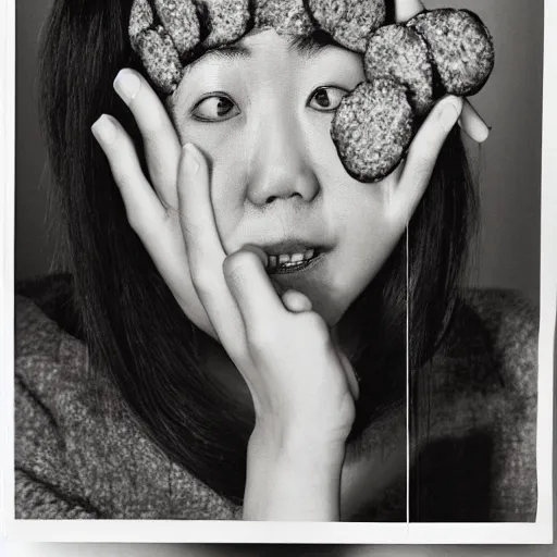 Image similar to A Japanese woman with a hamburger for a head, portrait, Taschen, by David Bailey