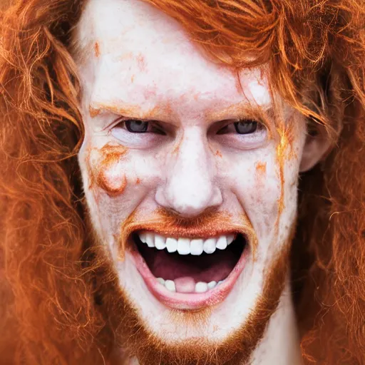 Prompt: photo of a skinny tall ginger men with rotten stained big yellow teeth, ugly appearance, acne and staining all over his face, 8 5 mm, f / 1. 3