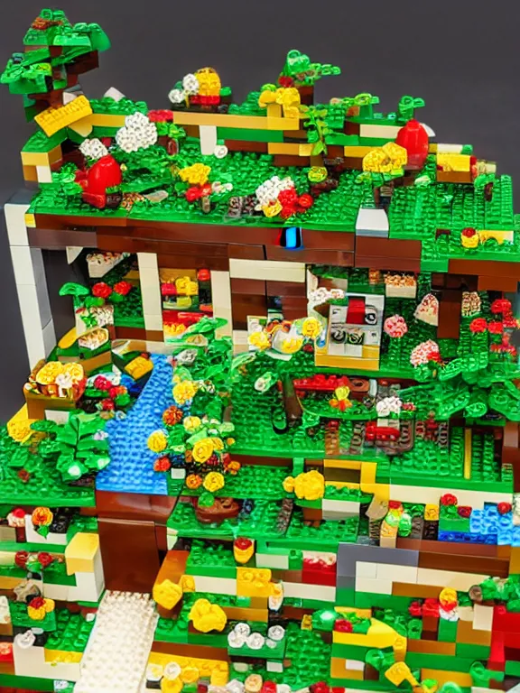 Prompt: miniature isometric pixel lego diorama of fruit forest