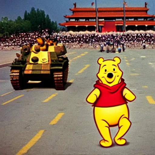 Image similar to Winnie the Pooh. Tank Man. Tiananmen Square, 1989