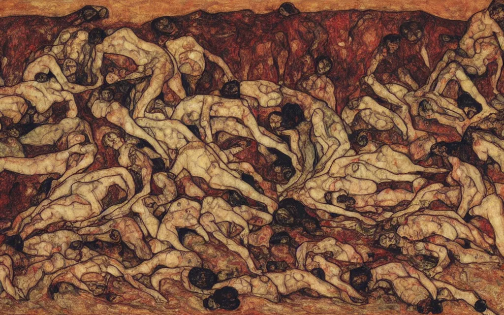 Image similar to a painting of a pile of bodies by egon schiele with influence of zdzisław beksinski, alfred kubin, oskar kokoschka, and egon schiele