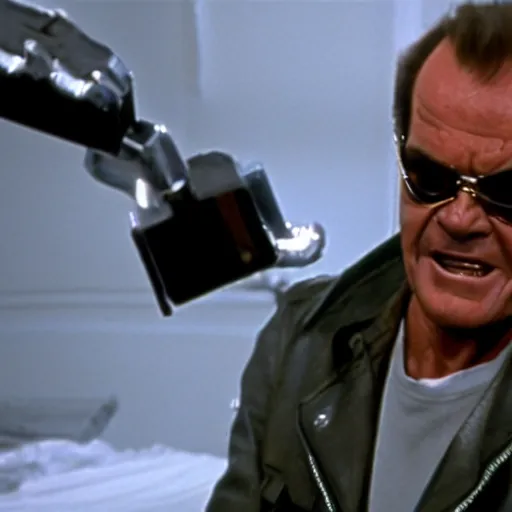 Prompt: Jack Nicholson plays Terminator, film scene where his endoskeleton gets exposed