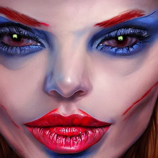 Image similar to mystique from the xmen, 8 k, realistic, oil painting, high detail, pretty face,