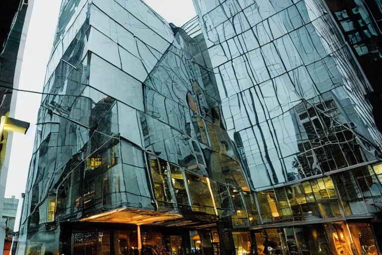 Image similar to outdoorsy guys club likes to look at the exteriors of urban architecture onion column shot by christopher doyle wong kar-wai film texture reflection through lit windows with slight drizzle trickling from them