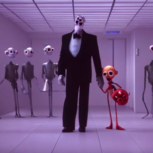 Image similar to a cinematic film still from a 2001 Pixar horror movie about an evil Billionaire that creates a virus to control the population, in the style of Pixar, shallow depth of focus
