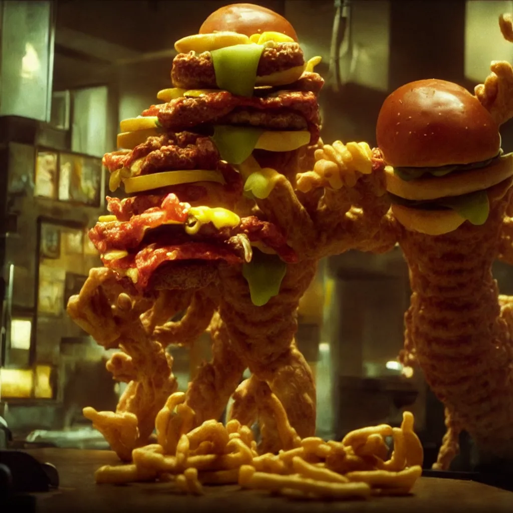 Image similar to the cheeseburger creature at the fast food restaurant, film still from the movie directed by denis villeneuve and david cronenberg with art direction by salvador dali and zdzisław beksinski, wide lens