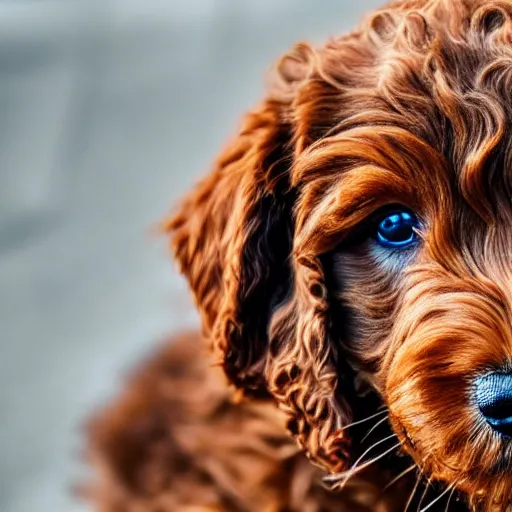 Prompt: close up photograph of a super adorable labradoodle pup