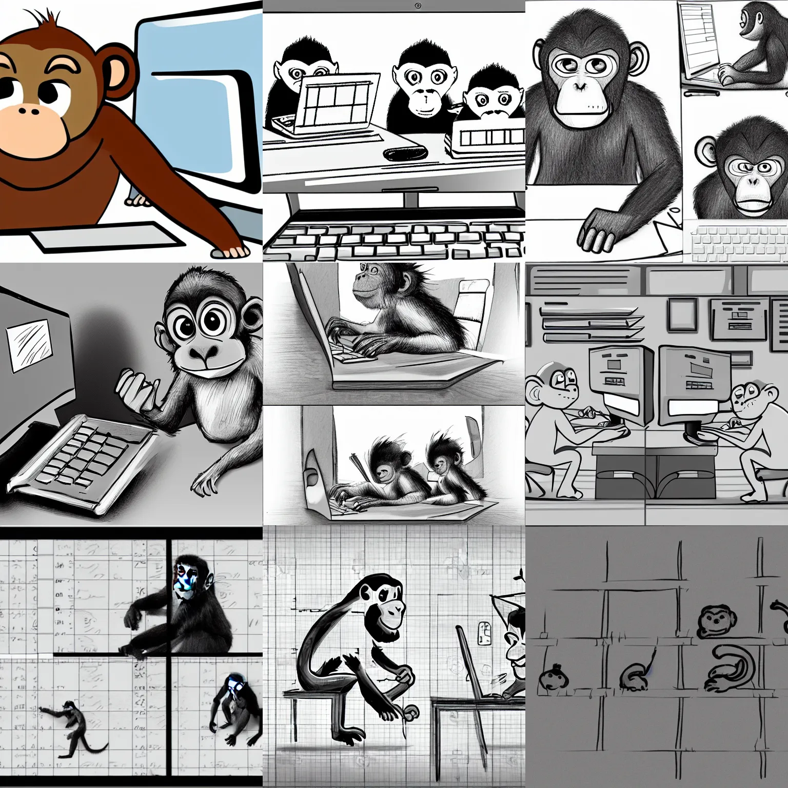 Prompt: monkey types at a desktop computer accounting, sketch, slapstick , b&w