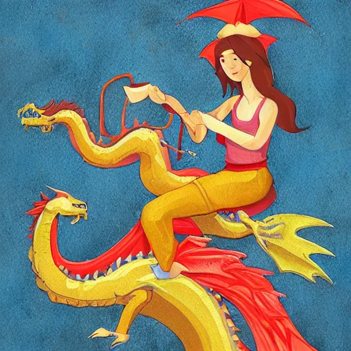 Image similar to a girl riding a dragon, trending on artststion