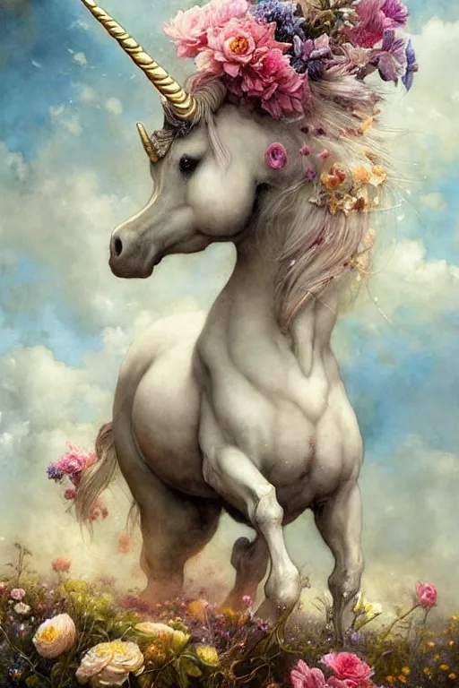 Image similar to a unicorn surrounded by beutiful flowers | esoteric symbolism | jean - baptiste monge, esao andrews, bastien lecouffe - deharme, tim jacobus, ken currie | ultra - detailed realism, soft cinematic lighting, hi - fructose, artstation, high - quality, ink watercolors wes anderson poster art