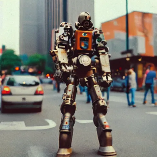 Prompt: photo of mech warrior walking on busy street, cinestill, 8 0 0 t, 3 5 mm, full - hd