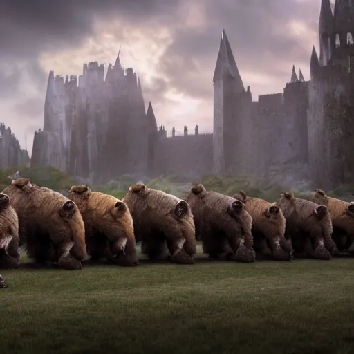 Prompt: an line of armored bears facing a line of cyber-bulls, magical forest, fantasy, Ireland, England, king Arthur, Lord of the rings, cinematic, realistic style, beautiful, majestic, dramatic lighting, early morning, dawn CGsociety, realistic, hyper maximalist, golden ratio, octane render, rule of thirds, wide shot , 8k resolution, epic volumetric light, cinematography, concept art, Artstation trending, environments, fantasy