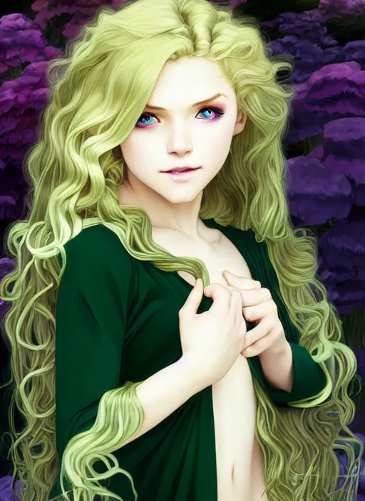 Image similar to young blond vampire girl, goddess of green velvety malachite and obsidian diamonds and black roses with long curly, golden hair, perfectly proportioned face, brown eyes, sweet smile, strong jawline,, natural lighting, path traced, highly detailed, high quality, cartoon, digital painting, by new haicheng and studio ghibli and alphonse mucha