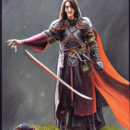 Image similar to HD character illustration high detail by Michael Whelan of %Geddy Lee% as a medieval warlock-knight.