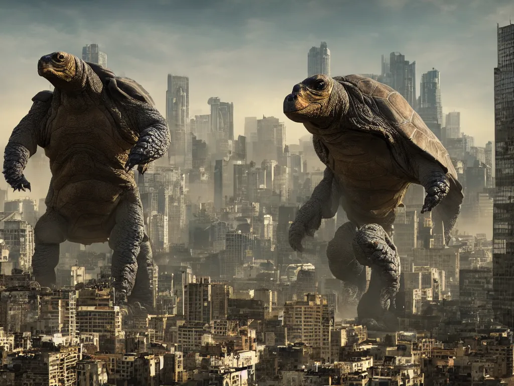 Prompt: Giant Tortoise Kaiju towering over a city as people run away, photo realistic, movie still, 4k, 8k, action film