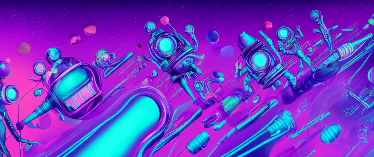 Image similar to hyper detailed 2060s neo-surreal neon purple and teal propaganda poster of space workers key sage sharp cinematic lighting 8k wide angle shallow depth of field