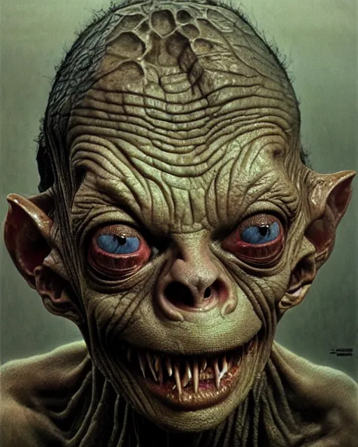 Image similar to gollum smeagol grotesque, ultra detailed, ultra realistic, by beksinski, alejandro jodorowsky, giger, greg rutkowski, carne griffith trending on artstation, deviantart, photorealism