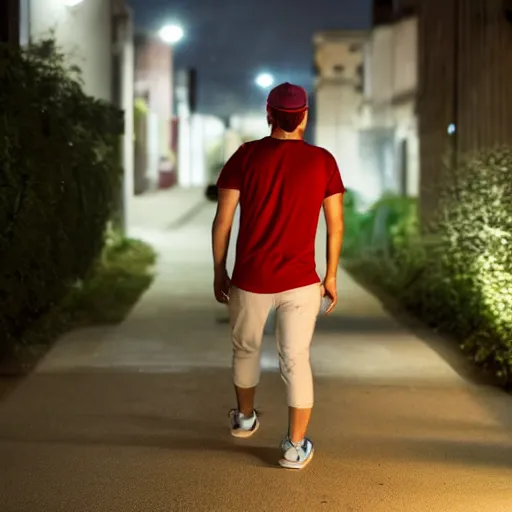 Prompt: a guy in his mid 2 0 s wearing a red t - shirt and blue pants and sporting a green cap walking on the sidewalks in a middle - class neighbourhood at night ( great details, photo - realistic, hyperrealistic, the moon light is reflecting the surface, good quality, uhd, 8 k )