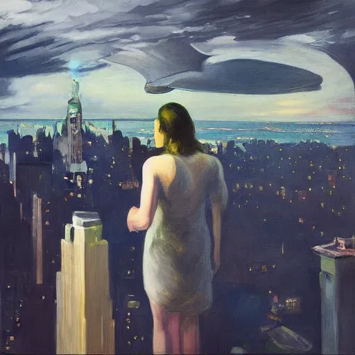 Prompt: “ a girl looking down at a futuristic new york city below, ghostpunk, detailed face, oil painting, stormy sky, by george bellows and edward hopper ”