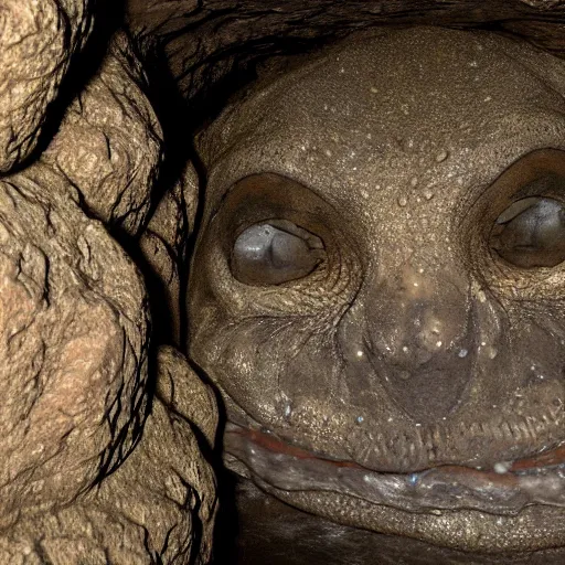 Image similar to photo inside a cavern of a wet reptilian humanoid partially hidden behind a rock watching a tourist