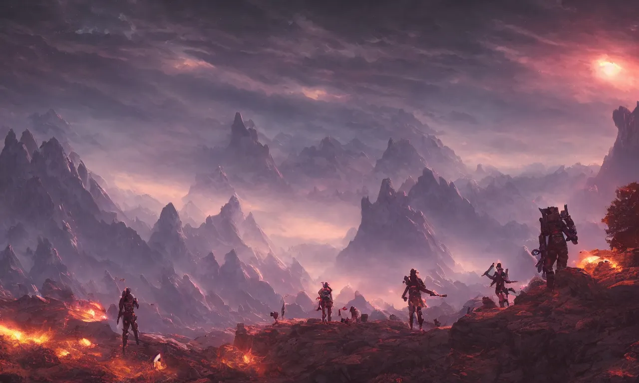 Prompt: heroine adventurer in foreground full shot, background vulcanic planet, Guillem H. Pongiluppi, Sviatoslav Gerasimchuk, Federico Pelat, dusk