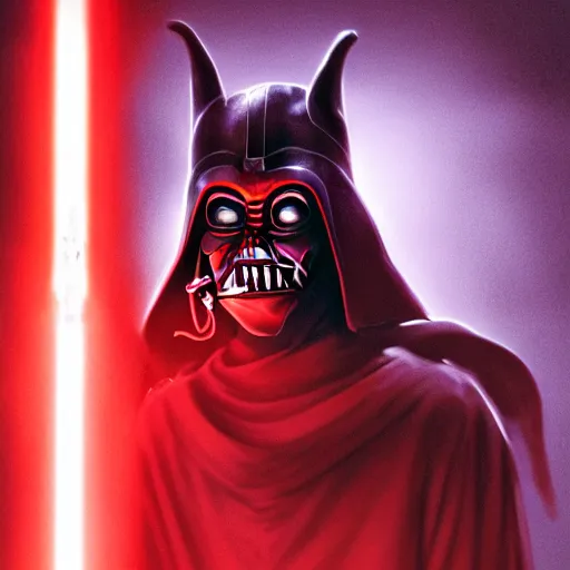 Image similar to darth jar jar binks as a sith lord, holding a red lightsaber, dark room, low light, dim, detailed, photorealistic, 4k, award winning