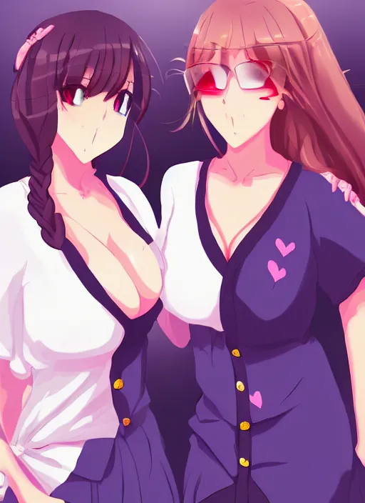 Image similar to two beautiful female teachers taunting each other, in summer clothes, gorgeous faces, smooth, thick lines, cinematic lighting, detailed anime art