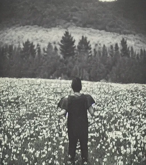 Prompt: mystical dark death god standing in tall meadow of flowers, distant, vintage film photo, grainy, high detail, high resolution