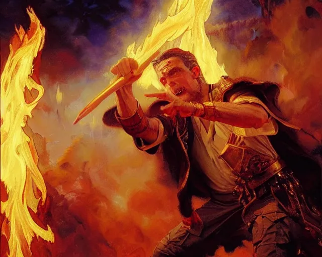 Image similar to attractive male wizard casting powerful fire spell. highly detailed painting by gaston bussiere, craig mullins, j. c. leyendecker 8 k