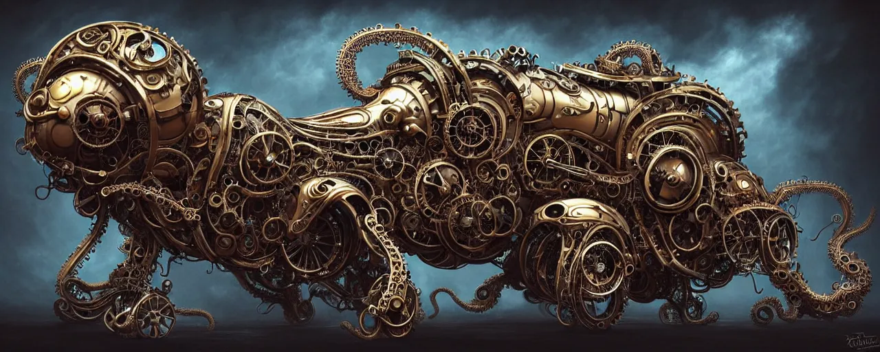 Image similar to biomechanical shiny steampunk!!! vehicle reminiscent of bugatti chiron with (glowing) lights and octopus tentacles parked in ancient mystic woods, gothic and baroque, brutalist architecture, ultradetailed, creepy ambiance, fog, artgerm, giger, Intricate by Ellen Jewett and Josan Gonzalez and Giuseppe Arcimboldo