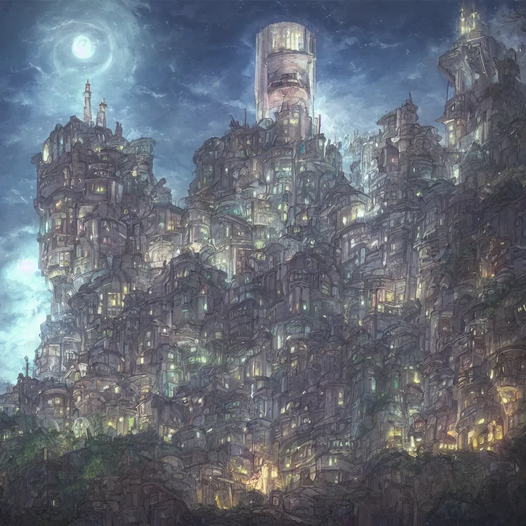 Image similar to there is a glowing white tower in the dark city, fantasy art, 2 d game art, by studio ghibli