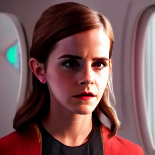 Prompt: Emma Watson in Star Trek, XF IQ4, f/1.4, ISO 200, 1/160s, 8K, Sense of Depth, color and contrast corrected, unedited, RAW, Dolby Vision, symmetrical balance, in-frame