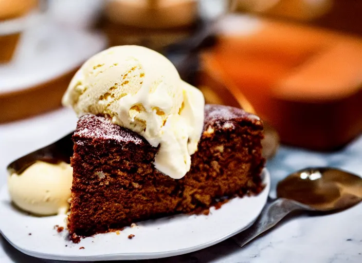 Image similar to dslr food photograph of warm. utter cake topped with a scoop vanilla bean ice cream, 8 5 mm f 1. 8