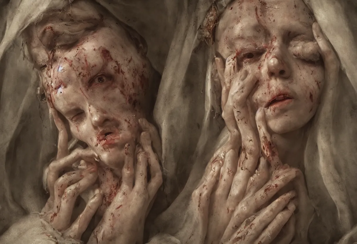 Prompt: holy mary is rotting and weeps blood from her eyes and burns in hell, hyperrealism, realistic, dramatic lighting, octane render, highly detailed, cinematic lighting, cinematic, art by rubens and rutkowski and rembrandt