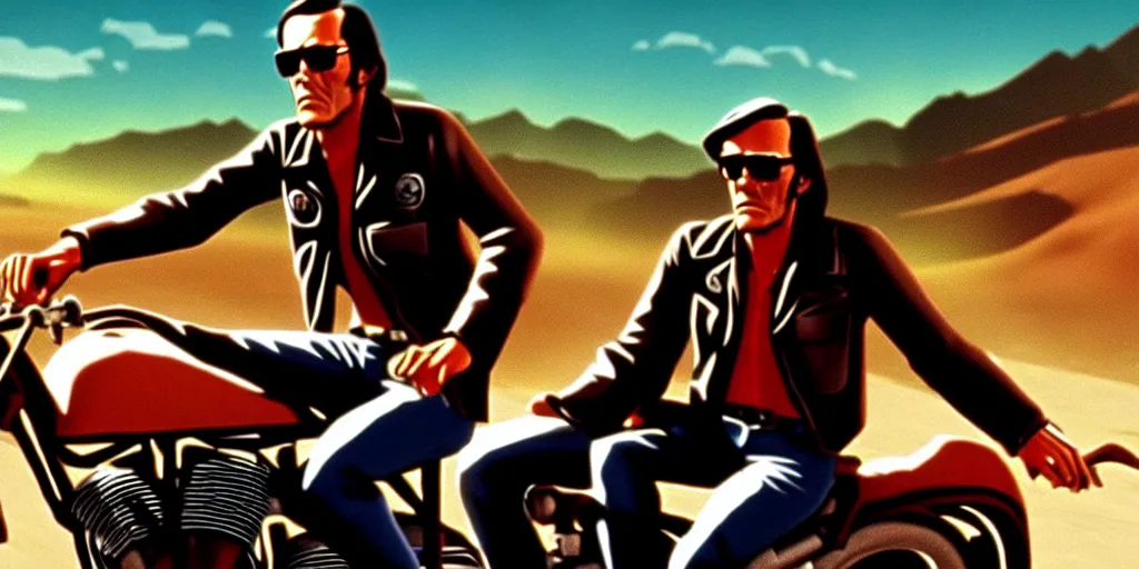 Prompt: easy rider motorcycle movie poster with henry fonda and dennis hopper : : on the road : : unreal engine, detailed