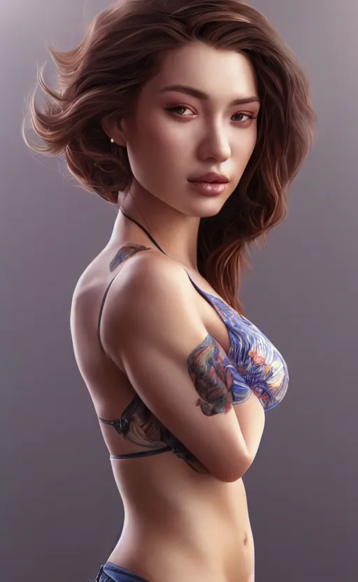 Image similar to full body photo of a gorgeous young woman in the style of stefan kostic, realistic, sharp focus, 8k high definition, insanely detailed, intricate, elegant, art by stanley lau and artgerm