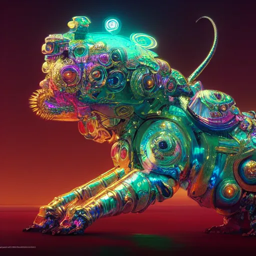 Prompt: iridescent opalescent cyborg animal in candyland, warm tones : by michal karcz, daniel merriam, victo ngai and guillermo del toro : ornate, dynamic, particulate, intricate, elegant, highly detailed, centered, artstation, smooth, sharp focus, octane render