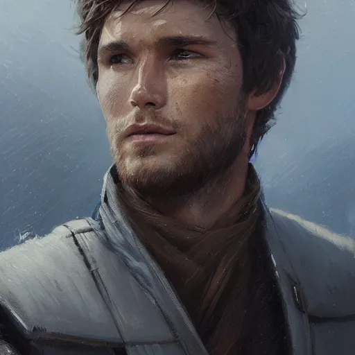 Image similar to portrait of a man by greg rutkowski, jedi knight, he looks like scott eastwood, wearing a flying jacket, star wars expanded universe, he is about 3 0 years old, highly detailed portrait, digital painting, artstation, concept art, smooth, sharp foccus ilustration, artstation hq