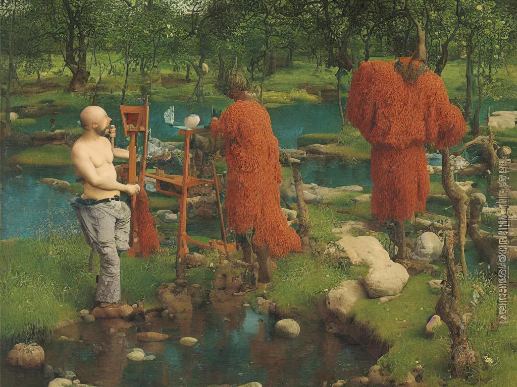 Image similar to Portrait of an artist painting at his easel knee deep in a river. Humanoid rocks, coral-like pebbles, spring orchard in bloom. Painting by Jan van Eyck, Georges de la Tour, Rene Magritte, Jean Delville, Max Ernst, Beksinski