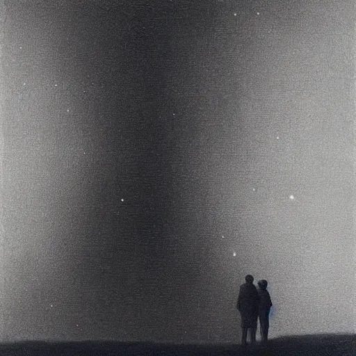 Image similar to “ close up of two men looking up the sky. the sky is totally black. art by zdzisław beksinski ” — w 1 9 2 0 — h 1 4 4 0 — steps 5 0