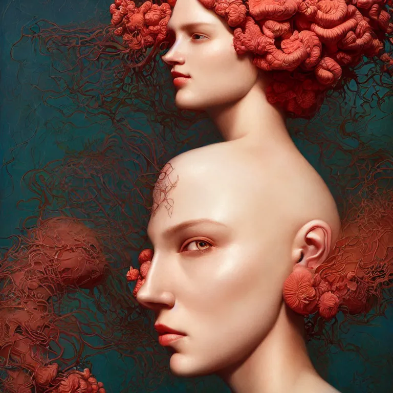 Prompt: portrait of woman with coral!! reef hair. soft light painted by james jean and moebius and erik jones, inspired by mary jane ansell, smooth face feature, intricate oil painting, high detail 3 d render, sharp high detail