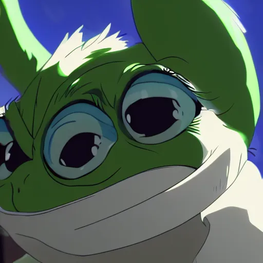 Image similar to high quality portrait of pepe meme. art by makoto shinkai, crunchyroll, pixiv, danbooru, hd, headshot, cinematic still, detailed anime face, bokeh, digital art, cel shading, vivid colors, ambient lighting