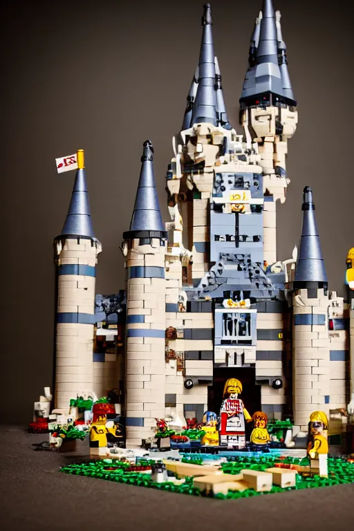 Prompt: commercial photography product shot of a lego castle in the style of minas tirith and hogwarts, beautiful lighting, studio shoot, playroom setting