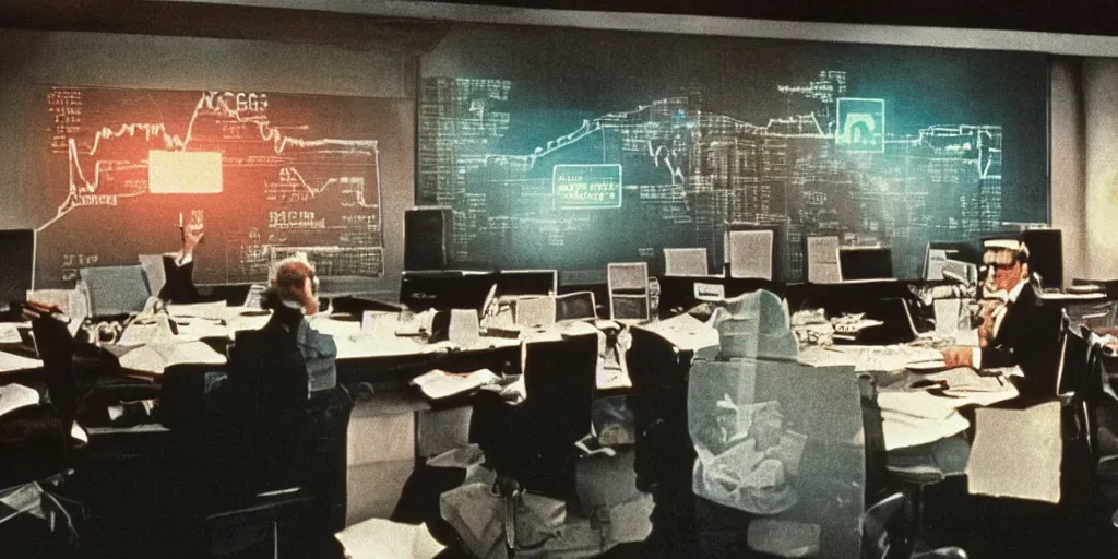 Image similar to colorful muted film still of a wall street board room, ridley scott, crazy fearful atmosphere, bankers crying, stock market crash symbols on the wall, 1 9 8 0 s science fiction, dark science fiction movie