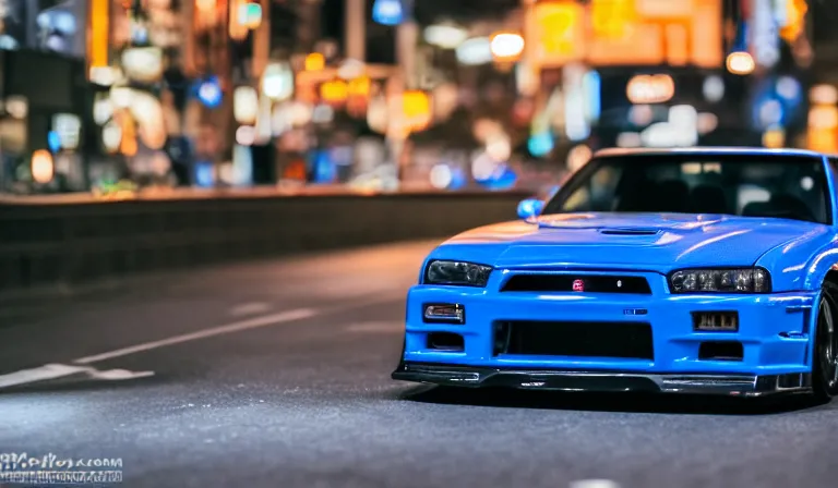 Prompt: wideshot of a Bayside Blue R34 Skyline GT-R driving in tokyo at night, highly detailed, 4k photo, shot with sony alpha