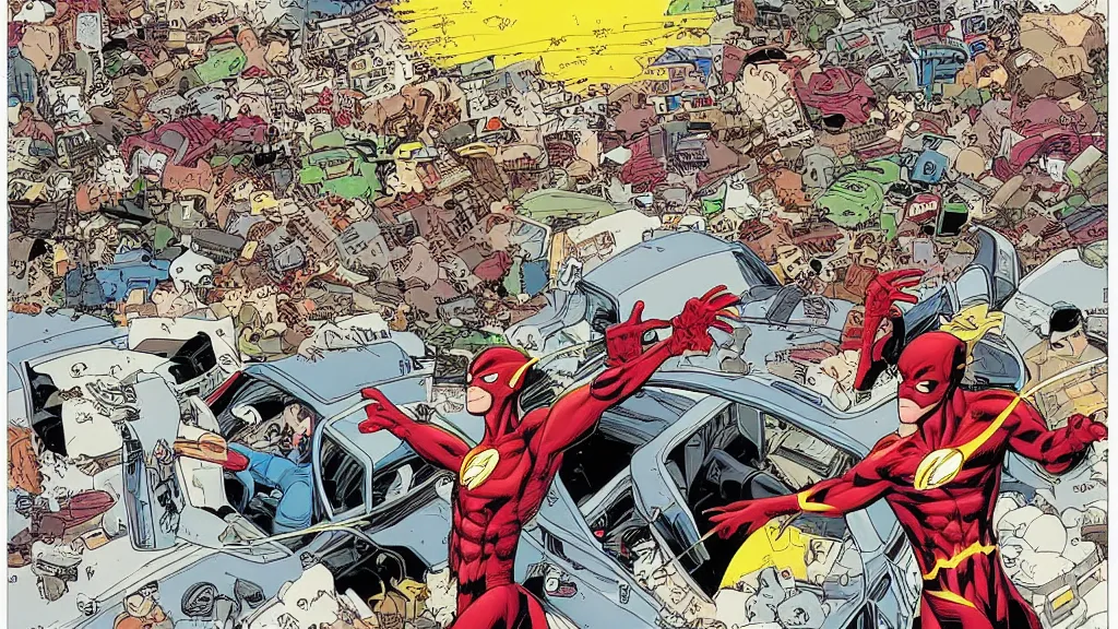 Image similar to marvel comics character The Flash driving a convertible and stuck in a traffic jam by Geof Darrow