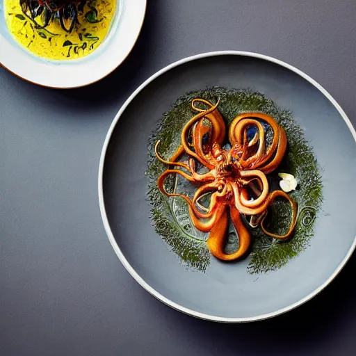 Image similar to Food photography michelin star bowl of live spiders and octopus