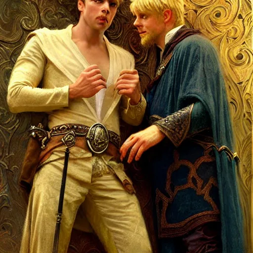 Prompt: handsome arthur pendragon in love with handsome merlin the mage. merlin is also in love with arthur. highly detailed painting by gaston bussiere, craig mullins, j. c. leyendecker